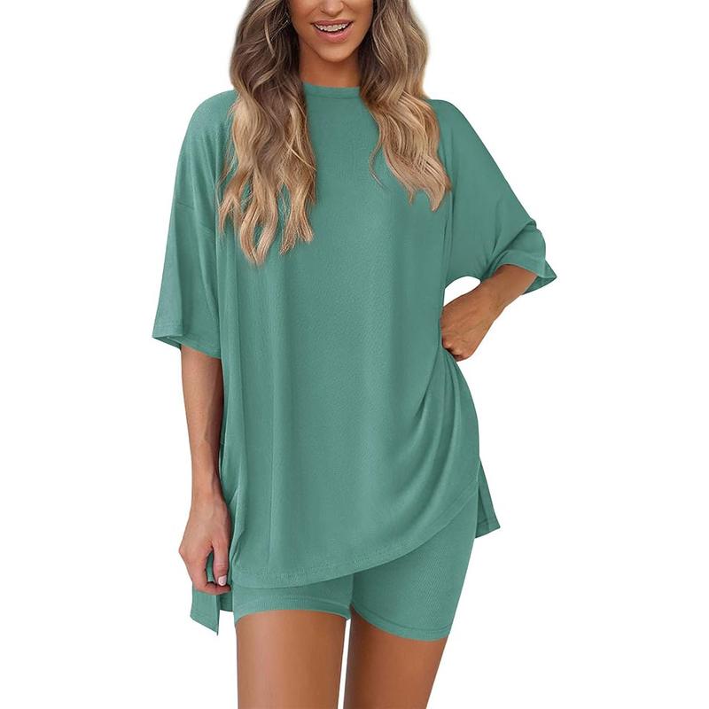 Women's Summer Two-Piece Set 2025 Casual Oversized Crewneck Split Hem Shirts & Side Pocket Biker Shorts Minimalist Lounge Wear Soft Viscose Fabric Comfy Homewear Cozy Pjs - Seldom Seen Styles