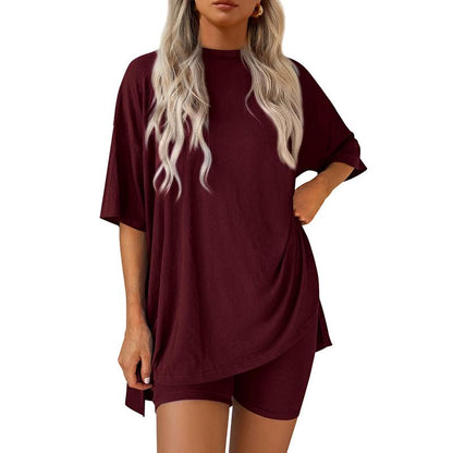 Women's Summer Two-Piece Set 2025 Casual Oversized Crewneck Split Hem Shirts & Side Pocket Biker Shorts Minimalist Lounge Wear Soft Viscose Fabric Comfy Homewear Cozy Pjs