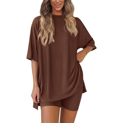 Women's Summer Two-Piece Set 2025 Casual Oversized Crewneck Split Hem Shirts & Side Pocket Biker Shorts Minimalist Lounge Wear Soft Viscose Fabric Comfy Homewear Cozy Pjs