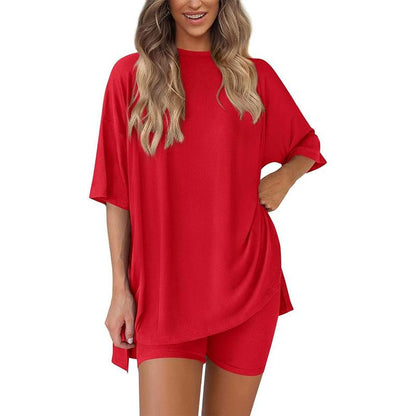 Women's Summer Two-Piece Set 2025 Casual Oversized Crewneck Split Hem Shirts & Side Pocket Biker Shorts Minimalist Lounge Wear Soft Viscose Fabric Comfy Homewear Cozy Pjs