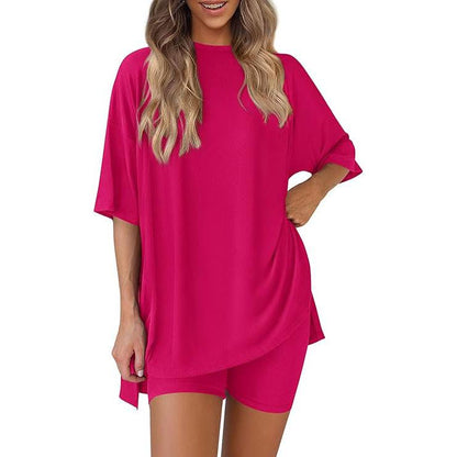 Women's Summer Two-Piece Set 2025 Casual Oversized Crewneck Split Hem Shirts & Side Pocket Biker Shorts Minimalist Lounge Wear Soft Viscose Fabric Comfy Homewear Cozy Pjs