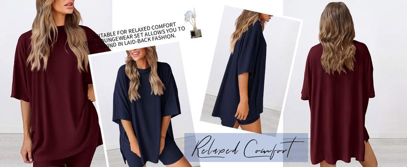 Women's Summer Two-Piece Set 2025 Casual Oversized Crewneck Split Hem Shirts & Side Pocket Biker Shorts Minimalist Lounge Wear Soft Viscose Fabric Comfy Homewear Cozy Pjs - Seldom Seen Styles
