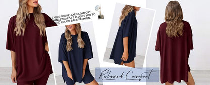 Women's Summer Two-Piece Set 2025 Casual Oversized Crewneck Split Hem Shirts & Side Pocket Biker Shorts Minimalist Lounge Wear Soft Viscose Fabric Comfy Homewear Cozy Pjs