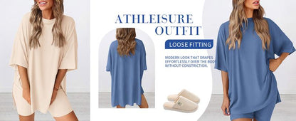 Women's Summer Two-Piece Set 2025 Casual Oversized Crewneck Split Hem Shirts & Side Pocket Biker Shorts Minimalist Lounge Wear Soft Viscose Fabric Comfy Homewear Cozy Pjs