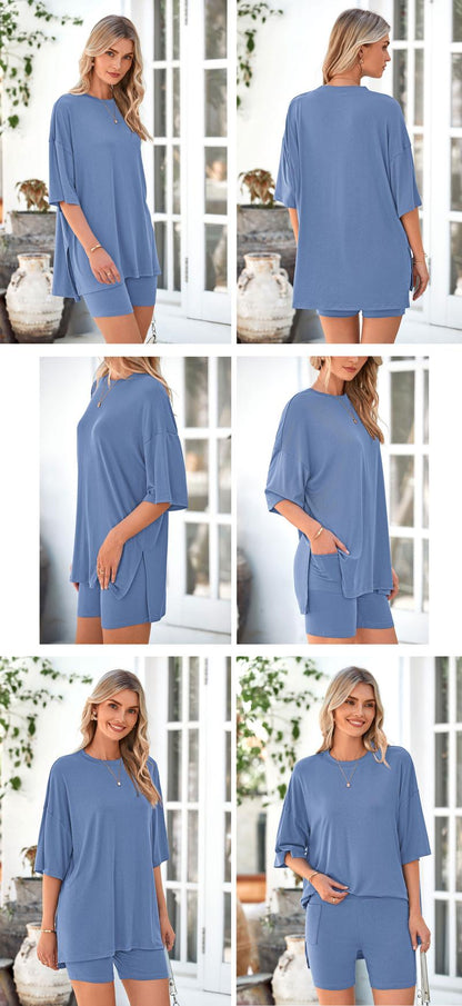 Women's Summer Two-Piece Set 2025 Casual Oversized Crewneck Split Hem Shirts & Side Pocket Biker Shorts Minimalist Lounge Wear Soft Viscose Fabric Comfy Homewear Cozy Pjs