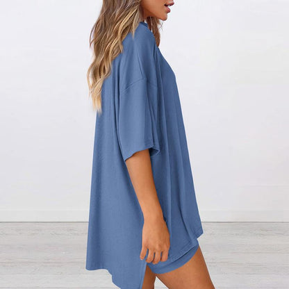 Zweiteiliges Sommer-Set für Damen, 2025, lässig, übergroß, Rundhalsausschnitt, geteilter Saum, Hemden mit Seitentaschen, Bikershorts, passendes Flughafen-Reise-Outfit, Basic-Lounge-Kleidung für Damen