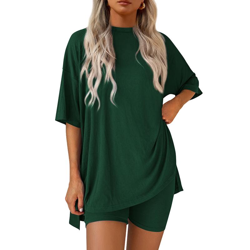 Women's Summer Two-Piece Set 2025 Casual Oversized Crewneck Split Hem Shirts & Side Pocket Biker Shorts Minimalist Lounge Wear Soft Viscose Fabric Comfy Homewear Cozy Pjs - Seldom Seen Styles