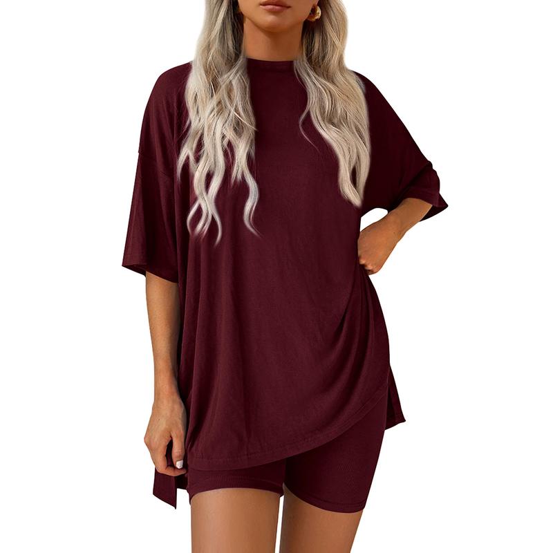 Women's Summer Two-Piece Set 2025 Casual Oversized Crewneck Split Hem Shirts & Side Pocket Biker Shorts Minimalist Lounge Wear Soft Viscose Fabric Comfy Homewear Cozy Pjs - Seldom Seen Styles