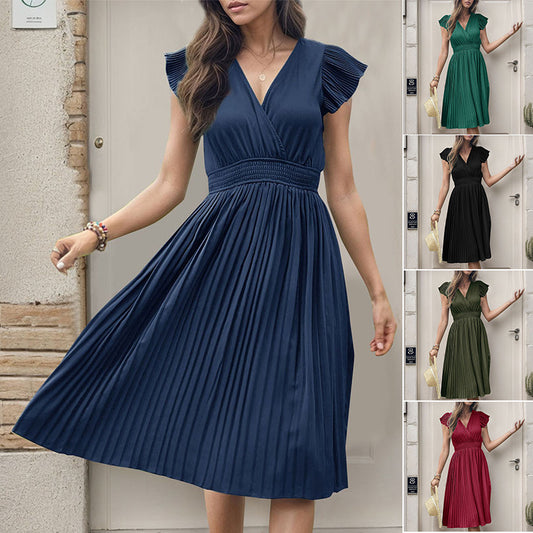 Women's Summer V Neck Solid Color Loose Maxi Dress Flutter Short Sleeve Pleated Wedding Dress A-Line Casual Dresses - Seldom Seen Styles