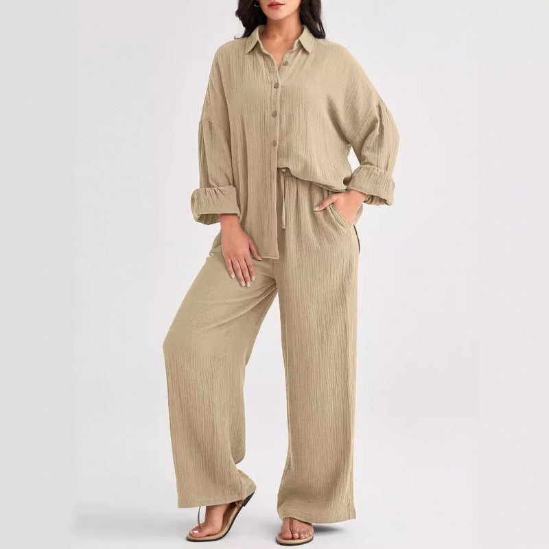 Women's Textured Two Piece Set Oversized Button Down Shirt & Wide Leg Pants Casual Lounge Outfit