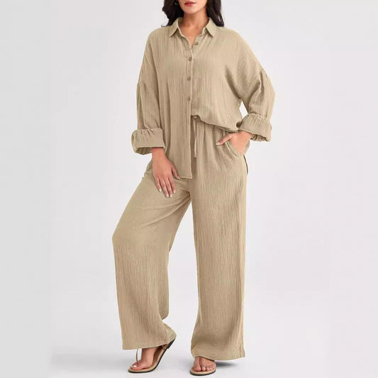 Women's Textured Two Piece Set Oversized Button Down Shirt & Wide Leg Pants Casual Lounge Outfit - Seldom Seen Styles