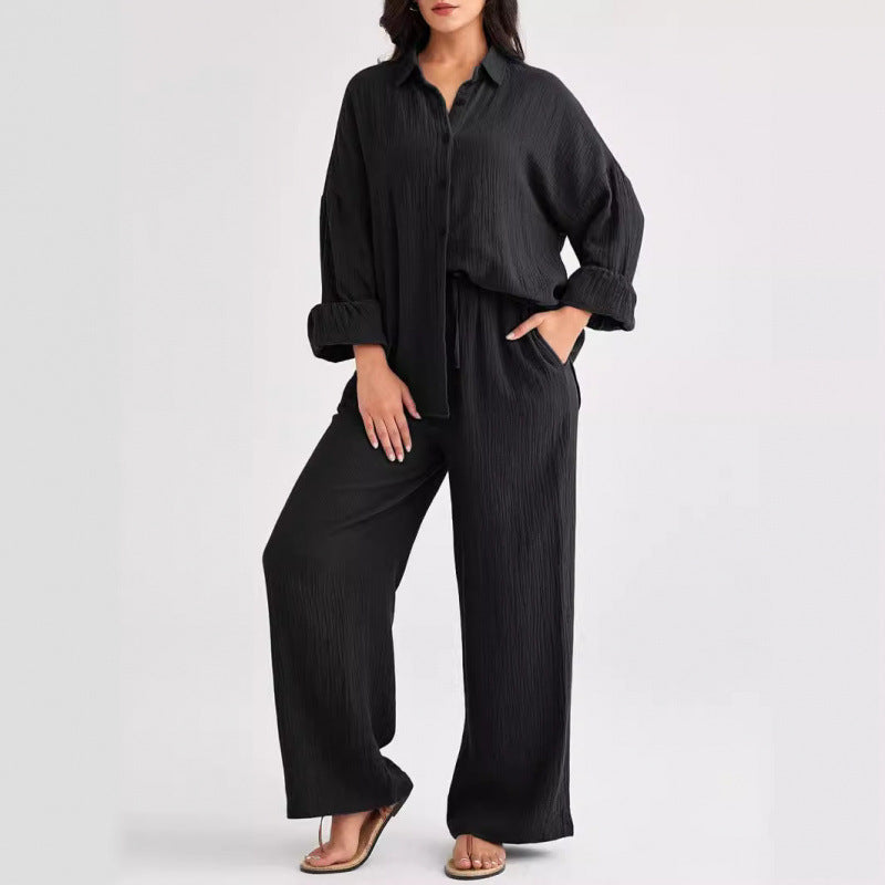 Women's Textured Two Piece Set Oversized Button Down Shirt & Wide Leg Pants Casual Lounge Outfit