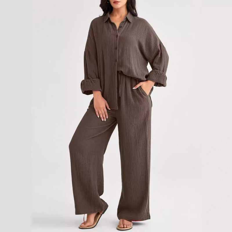 Women's Textured Two Piece Set Oversized Button Down Shirt & Wide Leg Pants Casual Lounge Outfit
