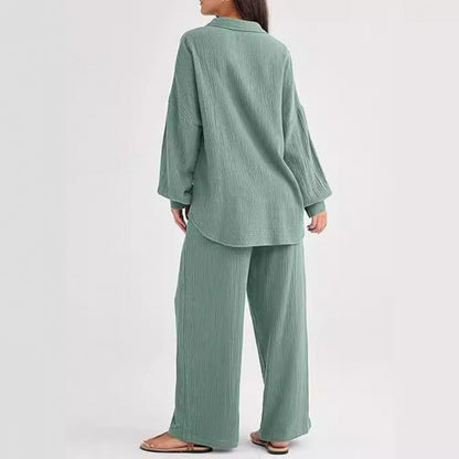 Women's Textured Two Piece Set Oversized Button Down Shirt & Wide Leg Pants Casual Lounge Outfit