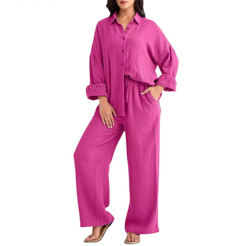 Women's Textured Two Piece Set Oversized Button Down Shirt & Wide Leg Pants Casual Lounge Outfit