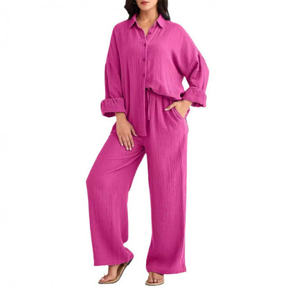 Women's Textured Two Piece Set Oversized Button Down Shirt & Wide Leg Pants Casual Lounge Outfit