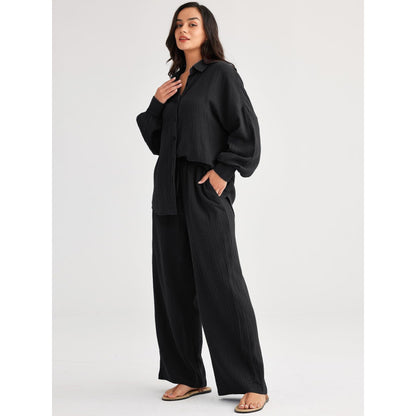 Women's Textured Two Piece Set Oversized Button Down Shirt & Wide Leg Pants Casual Lounge Outfit