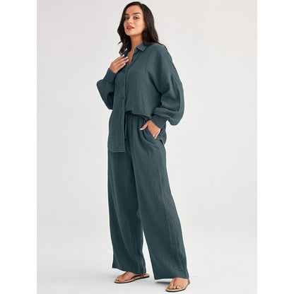 Women's Textured Two Piece Set Oversized Button Down Shirt & Wide Leg Pants Casual Lounge Outfit