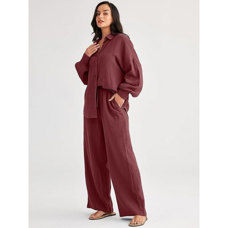 Women's Textured Two Piece Set Oversized Button Down Shirt & Wide Leg Pants Casual Lounge Outfit