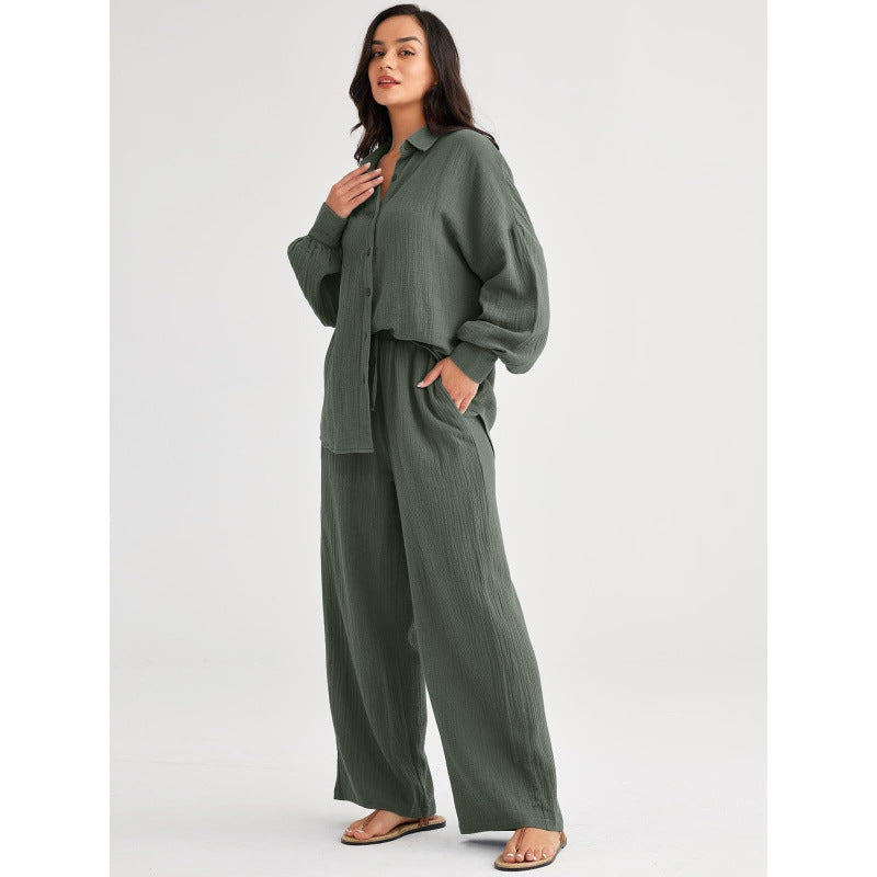 Women's Textured Two Piece Set Oversized Button Down Shirt & Wide Leg Pants Casual Lounge Outfit