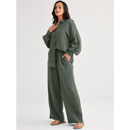 Women's Textured Two Piece Set Oversized Button Down Shirt & Wide Leg Pants Casual Lounge Outfit