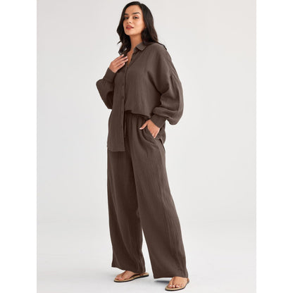 Women's Textured Two Piece Set Oversized Button Down Shirt & Wide Leg Pants Casual Lounge Outfit