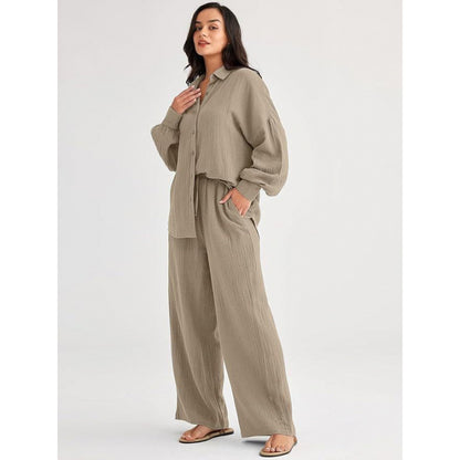 Women's Textured Two Piece Set Oversized Button Down Shirt & Wide Leg Pants Casual Lounge Outfit