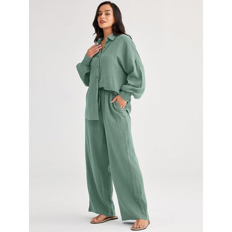 Women's Textured Two Piece Set Oversized Button Down Shirt & Wide Leg Pants Casual Lounge Outfit