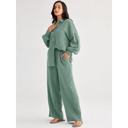 Women's Textured Two Piece Set Oversized Button Down Shirt & Wide Leg Pants Casual Lounge Outfit