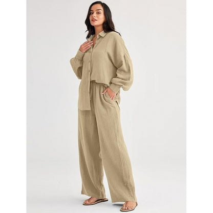 Women's Textured Two Piece Set Oversized Button Down Shirt & Wide Leg Pants Casual Lounge Outfit