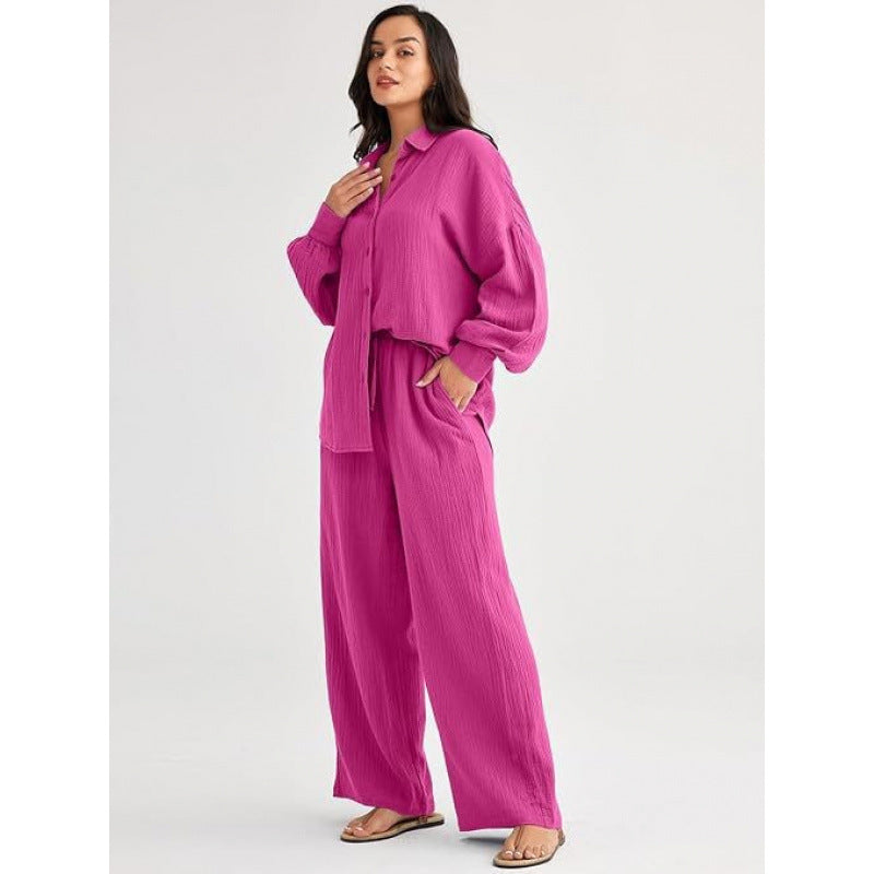 Women's Textured Two Piece Set Oversized Button Down Shirt & Wide Leg Pants Casual Lounge Outfit