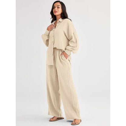 Women's Textured Two Piece Set Oversized Button Down Shirt & Wide Leg Pants Casual Lounge Outfit