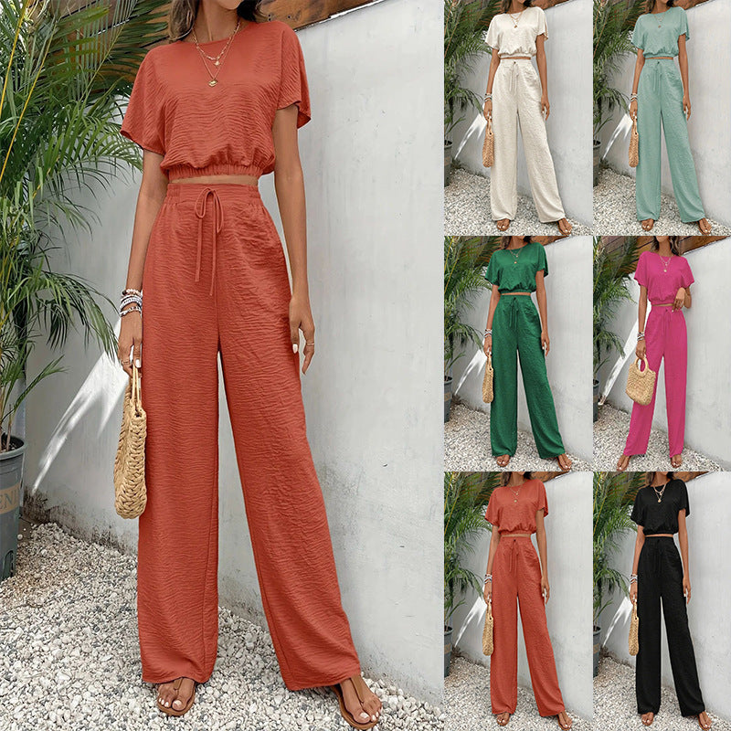 Women's Textured Two Piece Set Short Sleeve Crop Top and Wide Leg Pants Elegant Casual Matching Outfit - Seldom Seen Styles
