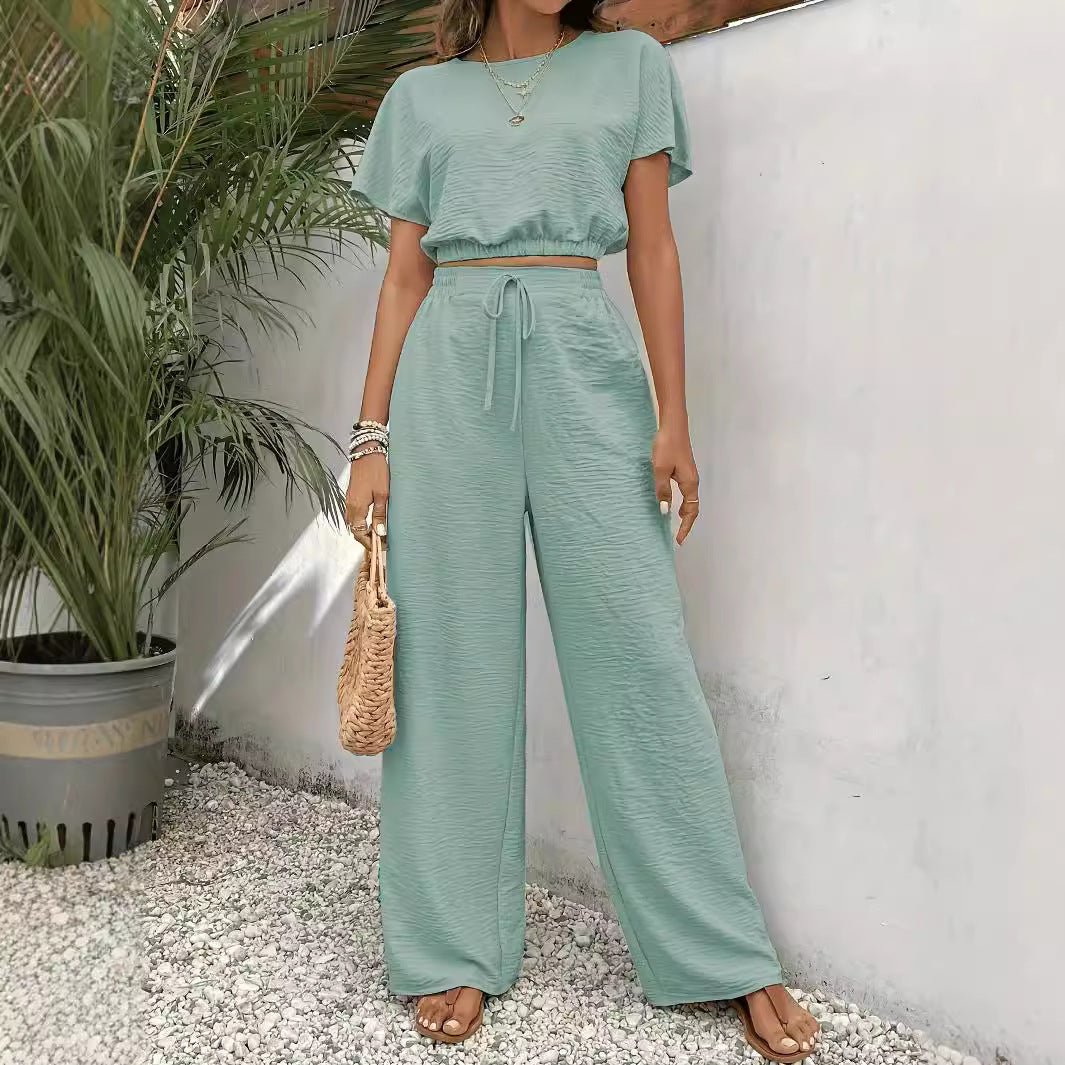 Women's Textured Two Piece Set Short Sleeve Crop Top and Wide Leg Pants Elegant Casual Matching Outfit - Seldom Seen Styles