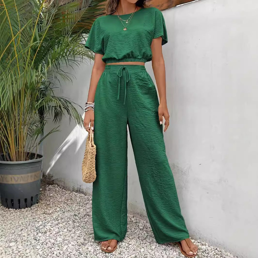 Women's Textured Two Piece Set Short Sleeve Crop Top and Wide Leg Pants Elegant Casual Matching Outfit - Seldom Seen Styles