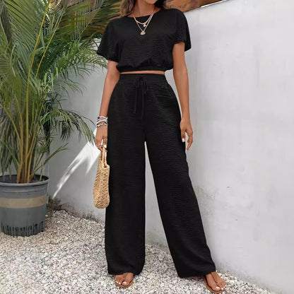 Women's Textured Two Piece Set Short Sleeve Crop Top and Wide Leg Pants Elegant Casual Matching Outfit