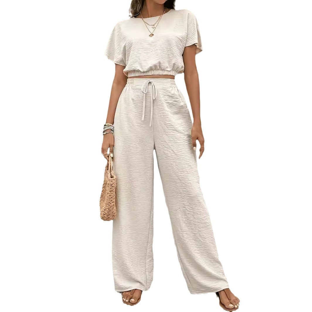 Women's Textured Two Piece Set Short Sleeve Crop Top and Wide Leg Pants Elegant Casual Matching Outfit - Seldom Seen Styles