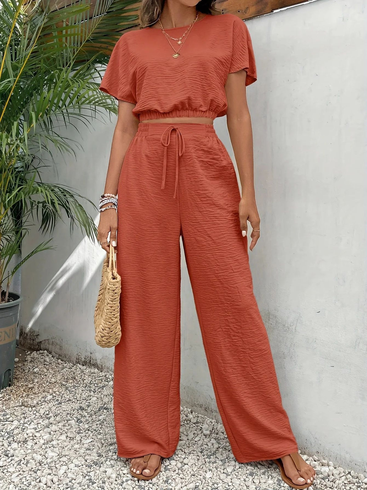 Women's Textured Two Piece Set Short Sleeve Crop Top and Wide Leg Pants Elegant Casual Matching Outfit - Seldom Seen Styles