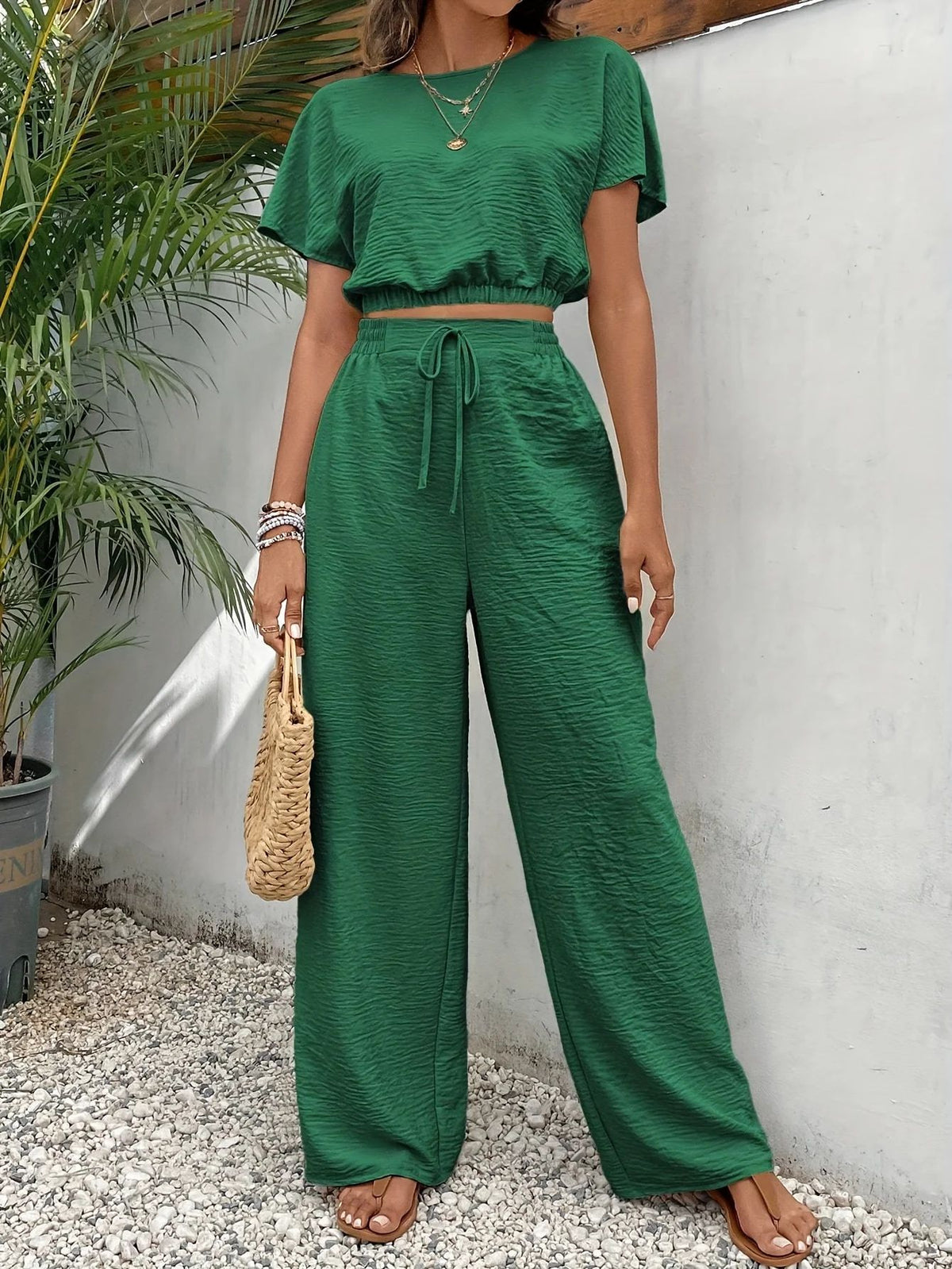 Women's Textured Two Piece Set Short Sleeve Crop Top and Wide Leg Pants Elegant Casual Matching Outfit - Seldom Seen Styles