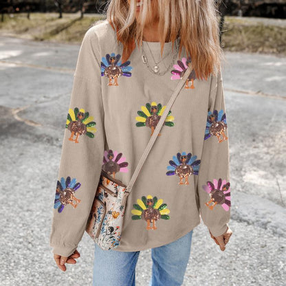 Damen Thanksgiving Sweatshirt mit Pailletten-Truthahn-Grafik, kordiert, weit geschnitten, langärmelig, Winter-Outfit, Rundhalsausschnitt, lässige Oberteile für bequemes Tragen