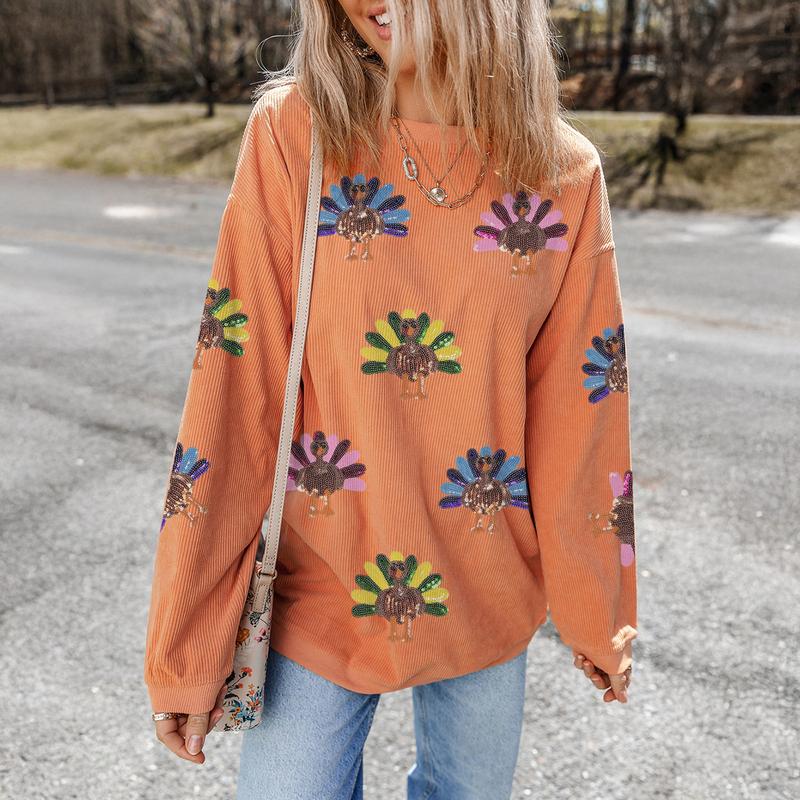 Women's Thanksgiving Sweatshirt with Sequin Turkey Graphic Corded Baggy Long Sleeve Winteroutfit Round Neck Casual Tops for Comfortable Wear - Seldom Seen Styles