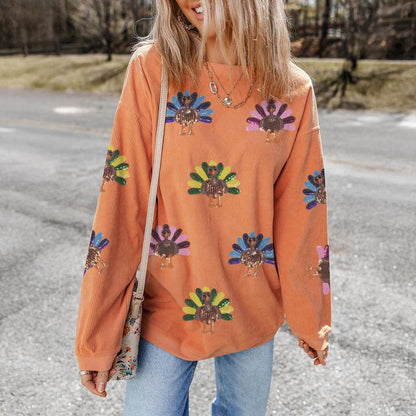 Damen Thanksgiving Sweatshirt mit Pailletten-Truthahn-Grafik, kordiert, weit geschnitten, langärmelig, Winter-Outfit, Rundhalsausschnitt, lässige Oberteile für bequemes Tragen
