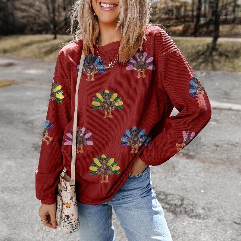 Women's Thanksgiving Sweatshirt with Sequin Turkey Graphic Corded Baggy Long Sleeve Winteroutfit Round Neck Casual Tops for Comfortable Wear - Seldom Seen Styles