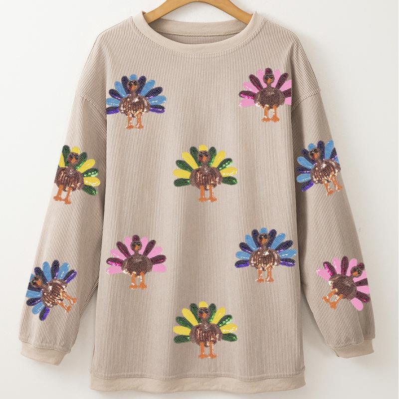 Women's Thanksgiving Sweatshirt with Sequin Turkey Graphic Corded Baggy Long Sleeve Winteroutfit Round Neck Casual Tops for Comfortable Wear - Seldom Seen Styles