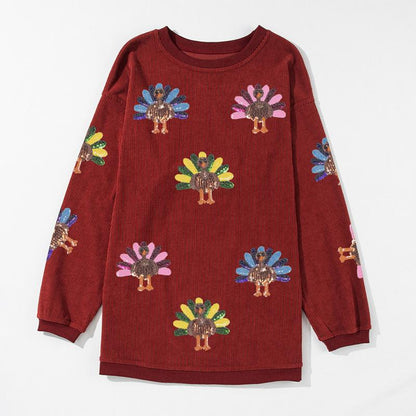 Damen Thanksgiving Sweatshirt mit Pailletten-Truthahn-Grafik, kordiert, weit geschnitten, langärmelig, Winter-Outfit, Rundhalsausschnitt, lässige Oberteile für bequemes Tragen