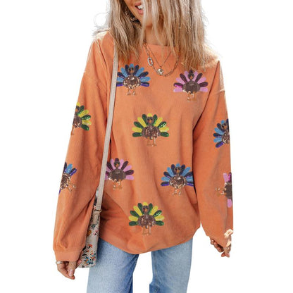 Damen Thanksgiving Sweatshirt mit Pailletten-Truthahn-Grafik, kordiert, weit geschnitten, langärmelig, Winter-Outfit, Rundhalsausschnitt, lässige Oberteile für bequemes Tragen