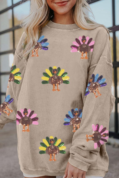 Damen Thanksgiving Sweatshirt mit Pailletten-Truthahn-Grafik, kordiert, weit geschnitten, langärmelig, Winter-Outfit, Rundhalsausschnitt, lässige Oberteile für bequemes Tragen