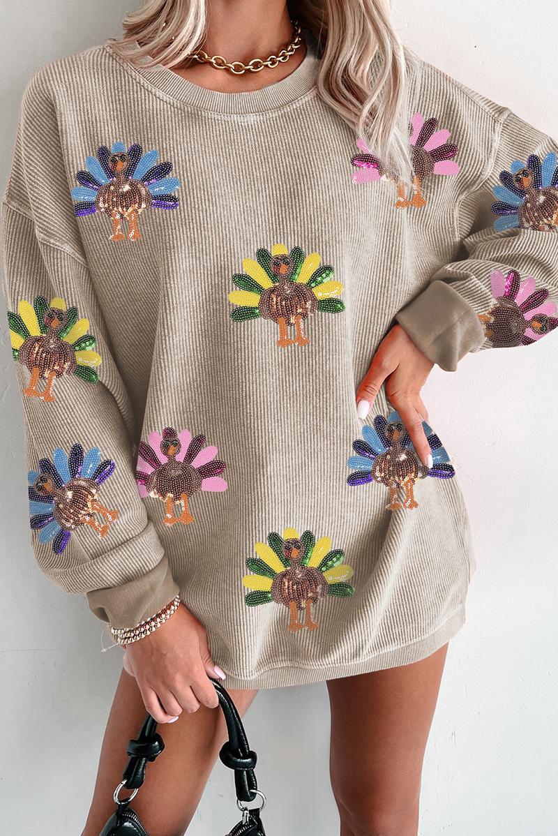 Women's Thanksgiving Sweatshirt with Sequin Turkey Graphic Corded Baggy Long Sleeve Winteroutfit Round Neck Casual Tops for Comfortable Wear - Seldom Seen Styles