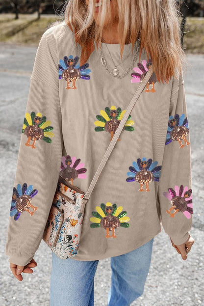 Damen Thanksgiving Sweatshirt mit Pailletten-Truthahn-Grafik, kordiert, weit geschnitten, langärmelig, Winter-Outfit, Rundhalsausschnitt, lässige Oberteile für bequemes Tragen
