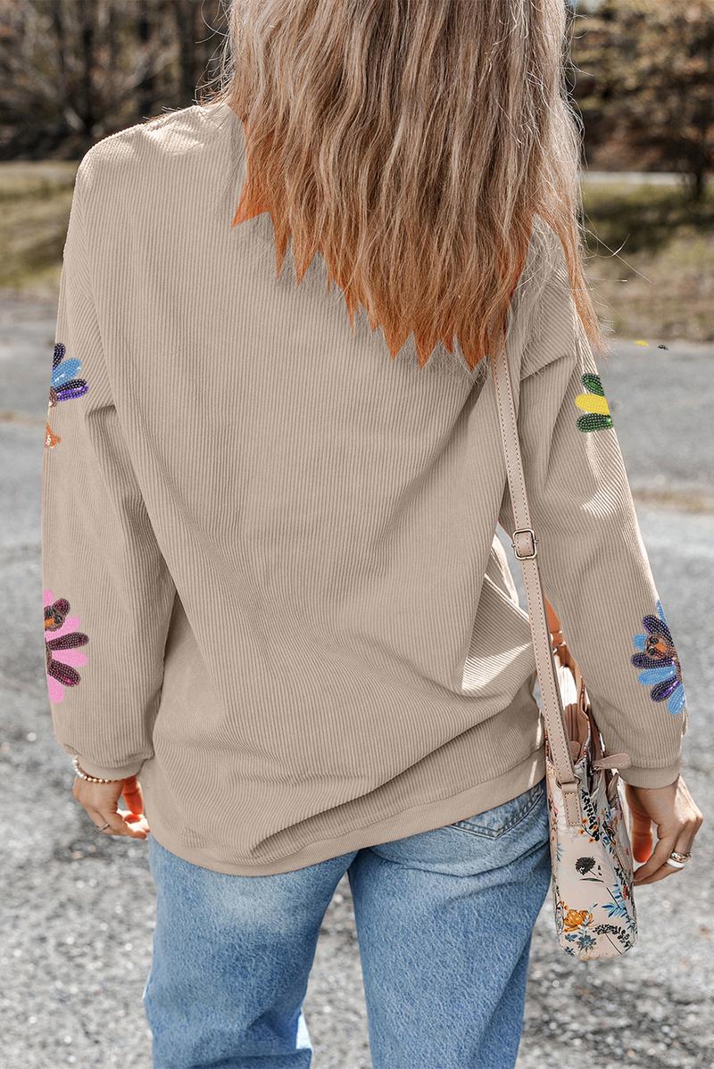 Women's Thanksgiving Sweatshirt with Sequin Turkey Graphic Corded Baggy Long Sleeve Winteroutfit Round Neck Casual Tops for Comfortable Wear - Seldom Seen Styles